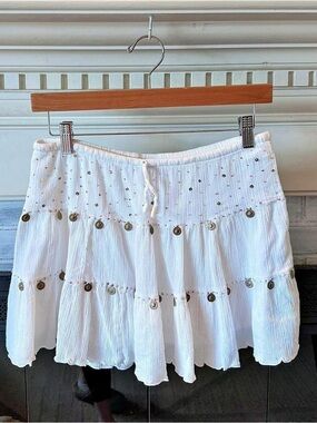 Boho White Gauze Coin Beaded Mini Skirt Festival Coastal Y2K